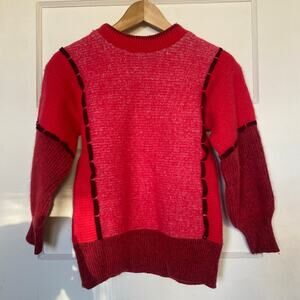 Vintage Knit Vibrant Red Long Sleeve Sweater Color Block Handmade Fall Winter